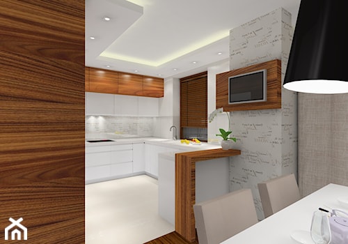 Przytulne mieszkanie - Średnia otwarta z kamiennym blatem beżowa biała z podblatowym zlewozmywakiem kuchnia w kształcie litery g z marmurem nad blatem kuchennym, styl nowoczesny - zdjęcie od MKdezere