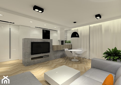 Projekt wnętrz mieszkania. - Średni biały salon z kuchnią z jadalnią, styl nowoczesny - zdjęcie od MKdezere