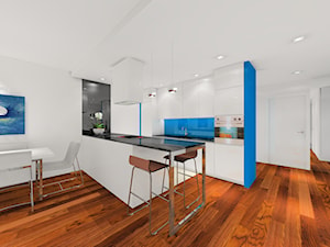 W błękicie - Średnia otwarta z salonem biała niebieska z zabudowaną lodówką kuchnia jednorzędowa dwurzędowa z wyspą lub półwyspem, styl nowoczesny - zdjęcie od MKdezere