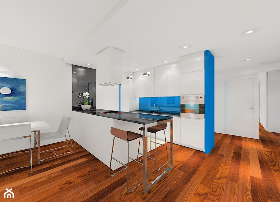 W błękicie - Średnia otwarta z salonem biała niebieska z zabudowaną lodówką kuchnia jednorzędowa dwurzędowa z wyspą lub półwyspem, styl nowoczesny - zdjęcie od MKdezere