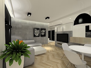 Projekt wnętrz mieszkania. - Średni biały szary salon z kuchnią z jadalnią, styl nowoczesny - zdjęcie od MKdezere