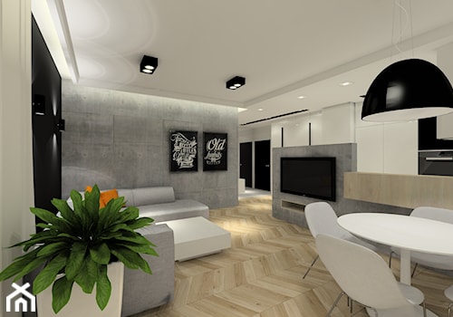 Projekt wnętrz mieszkania. - Średni biały szary salon z kuchnią z jadalnią, styl nowoczesny - zdjęcie od MKdezere