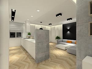 Projekt wnętrz mieszkania. - Duża otwarta biała z zabudowaną lodówką z podblatowym zlewozmywakiem kuchnia dwurzędowa z wyspą lub półwyspem, styl nowoczesny - zdjęcie od MKdezere