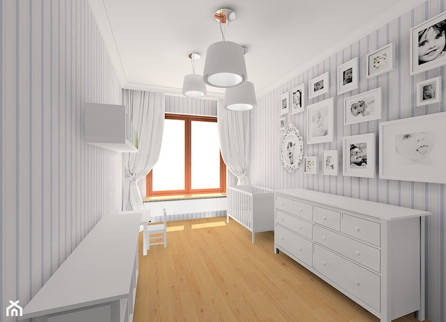 Projekt pokoju dziecięcego - Duży biały niebieski pokój dziecka dla niemowlaka dla chłopca dla dziewczynki, styl tradycyjny - zdjęcie od MKdezere
