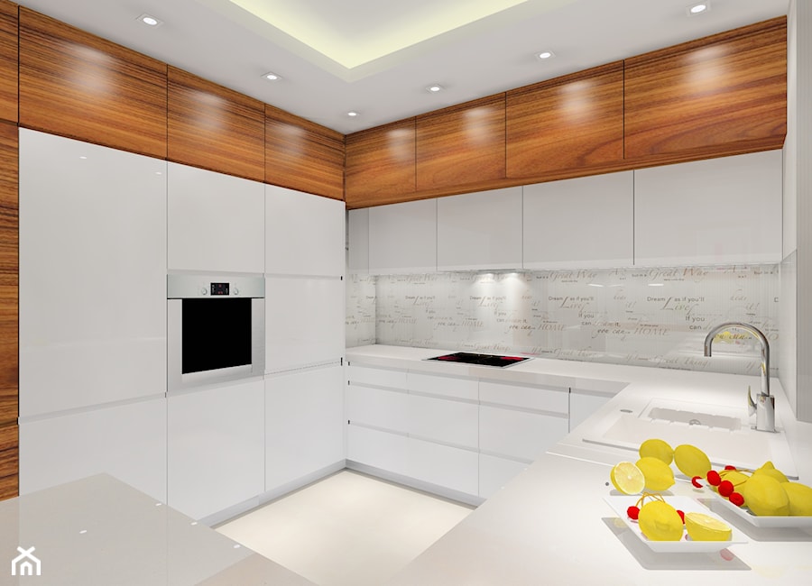 Przytulne mieszkanie - Duża otwarta biała z zabudowaną lodówką z podblatowym zlewozmywakiem kuchnia w kształcie litery g z wyspą lub półwyspem z marmurem nad blatem kuchennym, styl nowoczesny - zdjęcie od MKdezere