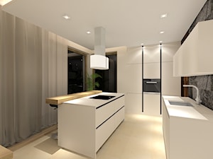 Duża otwarta biała szara z zabudowaną lodówką z podblatowym zlewozmywakiem kuchnia w kształcie litery u, styl nowoczesny - zdjęcie od MKdezere