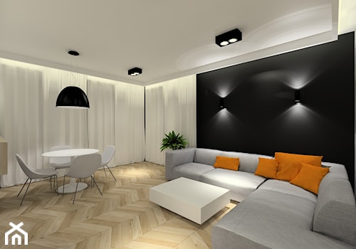 Projekt wnętrz mieszkania. - Średni biały czarny salon z jadalnią, styl nowoczesny - zdjęcie od MKdezere