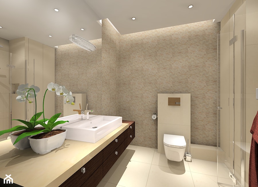 Projekt łazienki z mozaiką z trawertynu - Łazienka, styl nowoczesny - zdjęcie od MKdezere