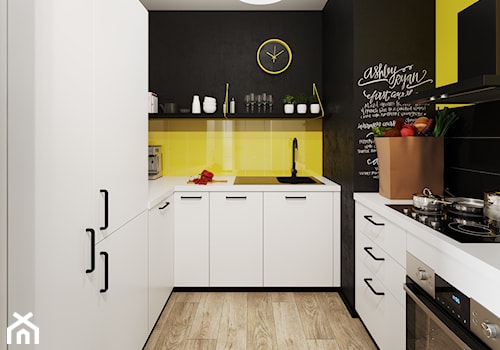 Mieszkanie 33m2 - Mała zamknięta z kamiennym blatem czarna żółta z zabudowaną lodówką z nablatowym zlewozmywakiem kuchnia w kształcie litery u - zdjęcie od Pogotowie Wnętrzarskie