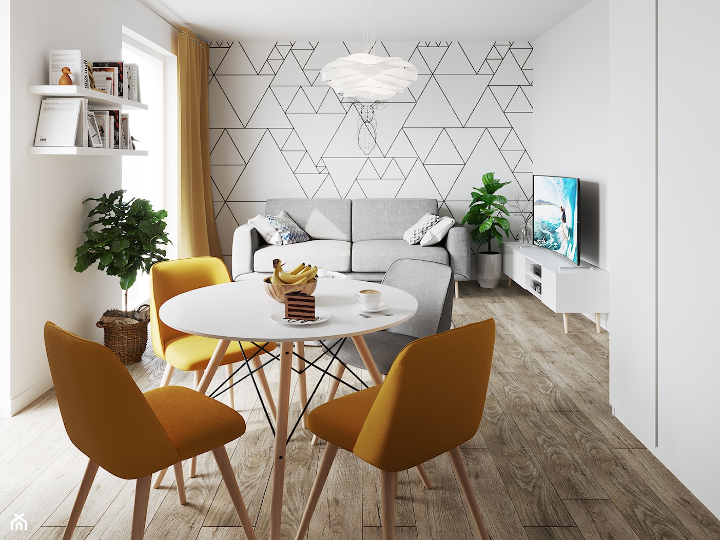 Mieszkanie 33m2 - Średni biały salon z jadalnią, styl skandynawski - zdjęcie od Pogotowie Wnętrzarskie - Homebook