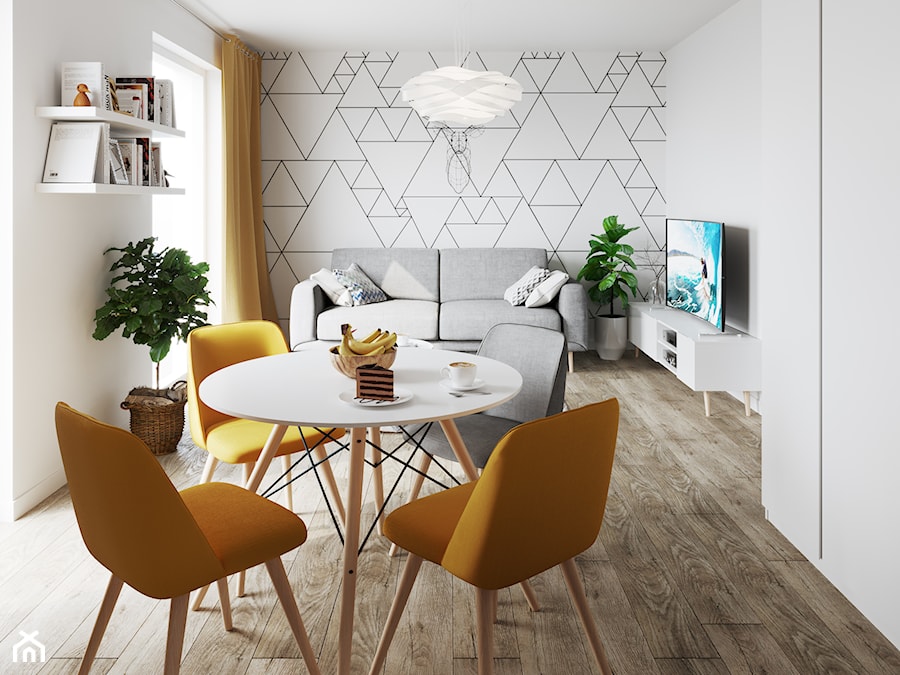 Mieszkanie 33m2 - Średni biały salon z jadalnią, styl skandynawski - zdjęcie od Pogotowie Wnętrzarskie