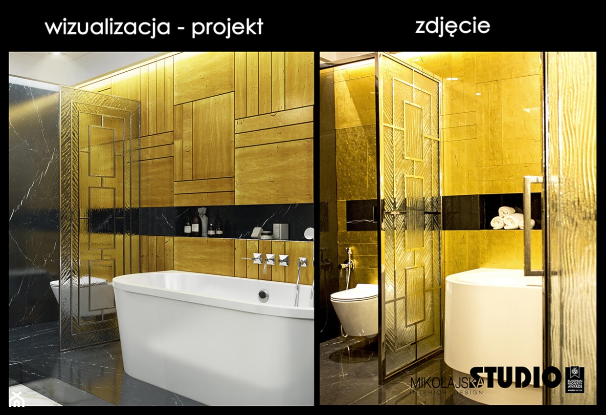 wizualizacja kontra zdjęcie - złota łazienka - zdjęcie od MIKOŁAJSKAstudio - Homebook