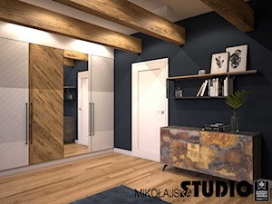 Apartament na strychu - Średnie niebieskie biuro kącik do pracy w pokoju, styl industrialny - zdjęcie od MIKOŁAJSKAstudio