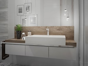 łazienka-jasna-biała-podłoga-wzorzysta-drewno-w-łazience-drewniany-blat-prysznic-płytki-heksagonalne - zdjęcie od MIKOŁAJSKAstudio