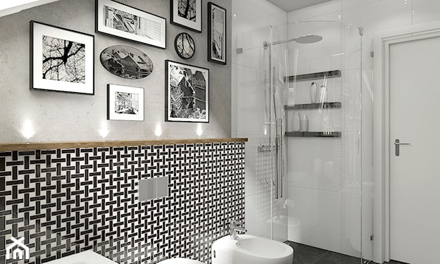 biało-czarna mozaika w łazience, kabina walk-in, biało-czarne zdjęcia