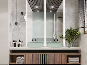 Apartament w Płocku - Mała z lustrem z dwoma umywalkami z marmurową podłogą z punktowym oświetleniem łazienka z oknem, styl nowoczesny - zdjęcie od MIKOŁAJSKAstudio