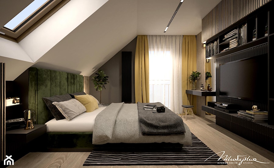 Sypialnia dla dwojga z akcentami zieleni - zdjęcie od MIKOŁAJSKAstudio