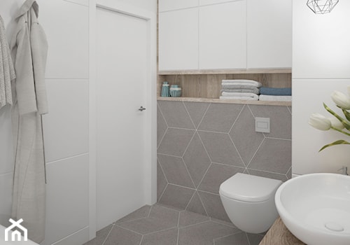 łazienka-jasna-biała-beżowa-biel-beż-drewno-w-łazience-romby - zdjęcie od MIKOŁAJSKAstudio