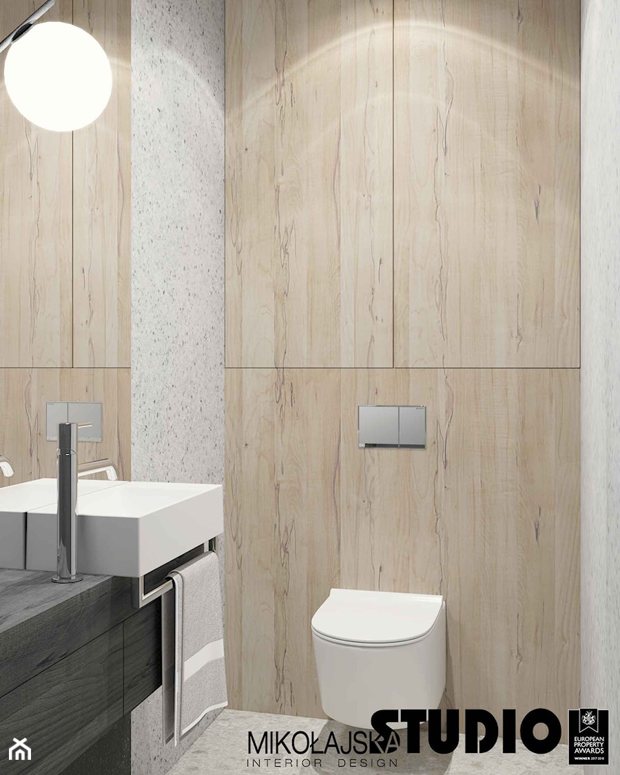 WIŚLANE TARASY - Mała bez okna z lustrem z marmurową podłogą łazienka, styl nowoczesny - zdjęcie od MIKOŁAJSKAstudio