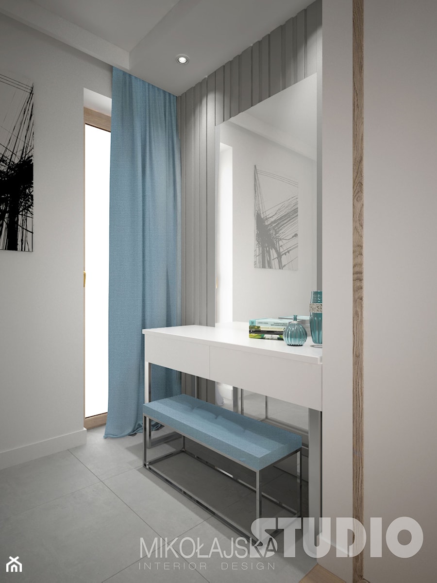 korytarz-przedpokój-hall-błękitny-błękit-pastelowy-toaletka-lustro - zdjęcie od MIKOŁAJSKAstudio