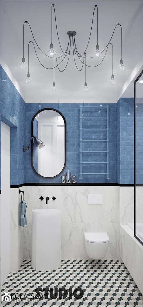 łazienka biało-niebieska, czarne akcenty - zdjęcie od MIKOŁAJSKAstudio - Homebook