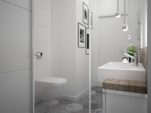 łazienka-jasna-biała-podłoga-wzorzysta-drewno-w-łazience-drewniany-blat-prysznic-płytki-heksagonalne - zdjęcie od MIKOŁAJSKAstudio
