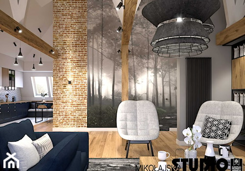 Apartament na strychu - Średni biały szary salon z kuchnią z jadalnią, styl industrialny - zdjęcie od MIKOŁAJSKAstudio