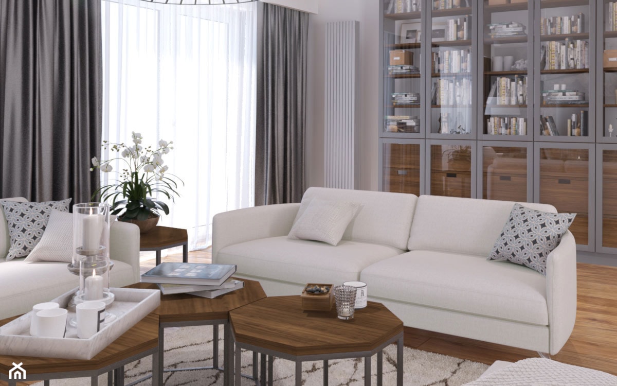biała sofa, drewniana podłoga, stolik sześcian, nowoczesne wnętrze
