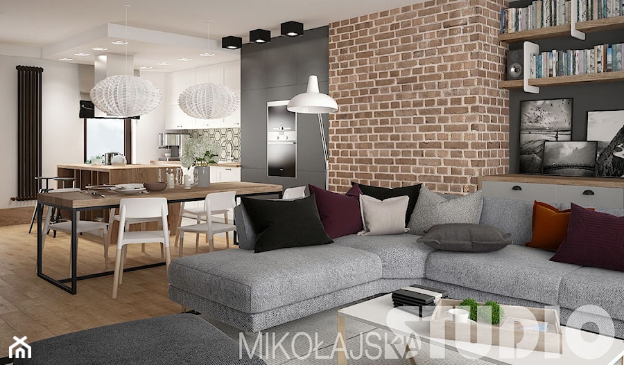 LOFT style - Mały biały szary salon z kuchnią z jadalnią, styl industrialny - zdjęcie od MIKOŁAJSKAstudio