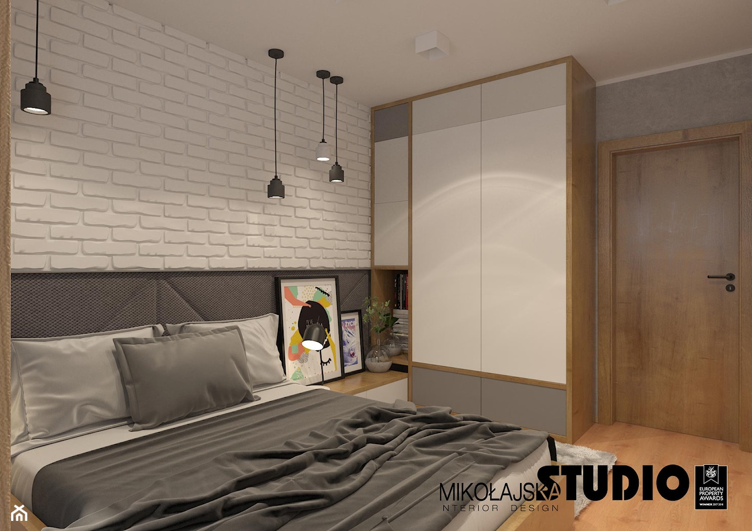 szaro-biała sypialnia z elementami drewna - zdjęcie od MIKOŁAJSKAstudio - Homebook