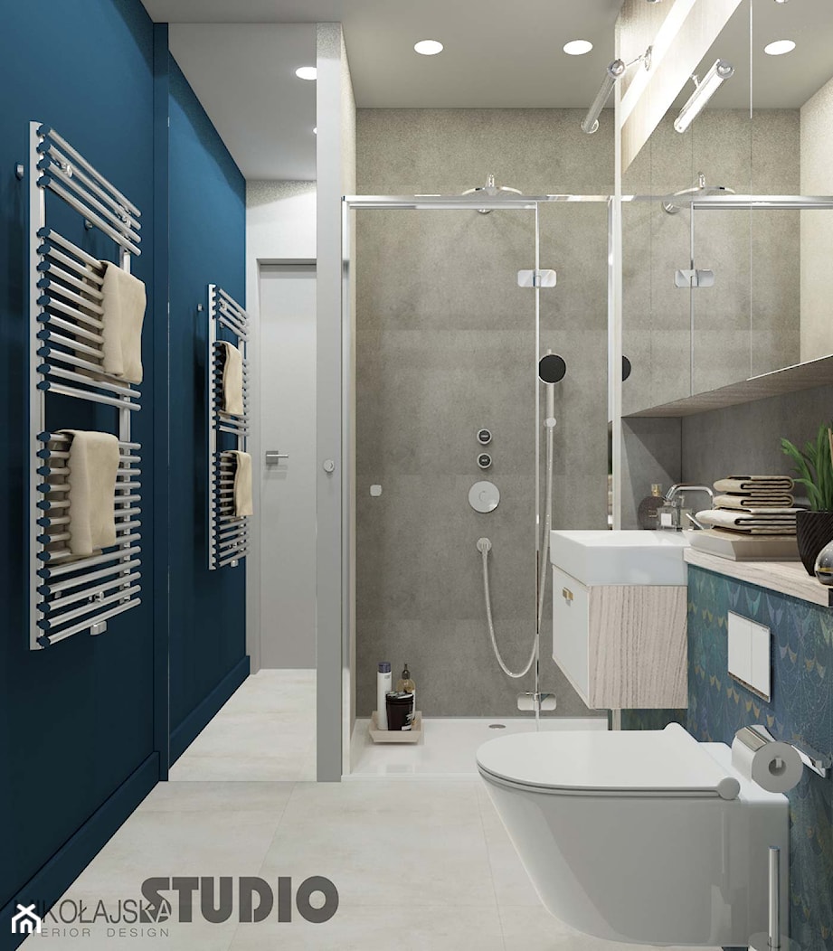 jasna łazienka-niebieska ściana - zdjęcie od MIKOŁAJSKAstudio - Homebook