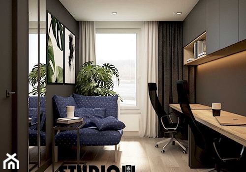 Apartament przy ul. Lema - Średnie w osobnym pomieszczeniu z sofą białe czarne szare biuro, styl nowoczesny - zdjęcie od MIKOŁAJSKAstudio