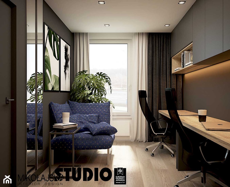 Apartament przy ul. Lema - Średnie w osobnym pomieszczeniu z sofą białe czarne szare biuro, styl nowoczesny - zdjęcie od MIKOŁAJSKAstudio
