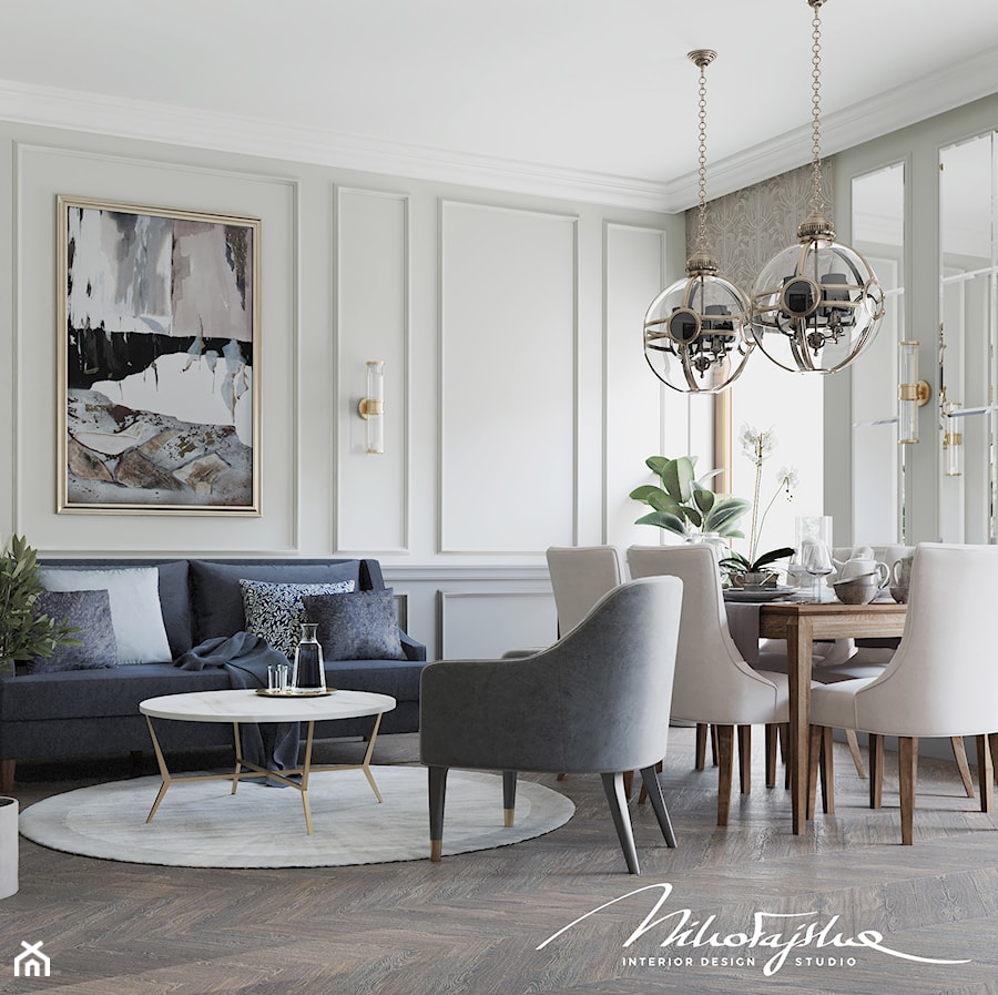 Dwupoziomowy penthouse dla miłośników współczesnej klasyki - Duży biały salon z jadalnią, styl tradycyjny - zdjęcie od MIKOŁAJSKAstudio
