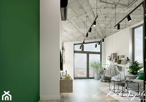Pod sufitem z betonu - Średni biały salon z tarasem / balkonem, styl nowoczesny - zdjęcie od MIKOŁAJSKAstudio