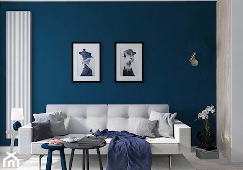jasnoszary salon-niebieska ściana - zdjęcie od MIKOŁAJSKAstudio