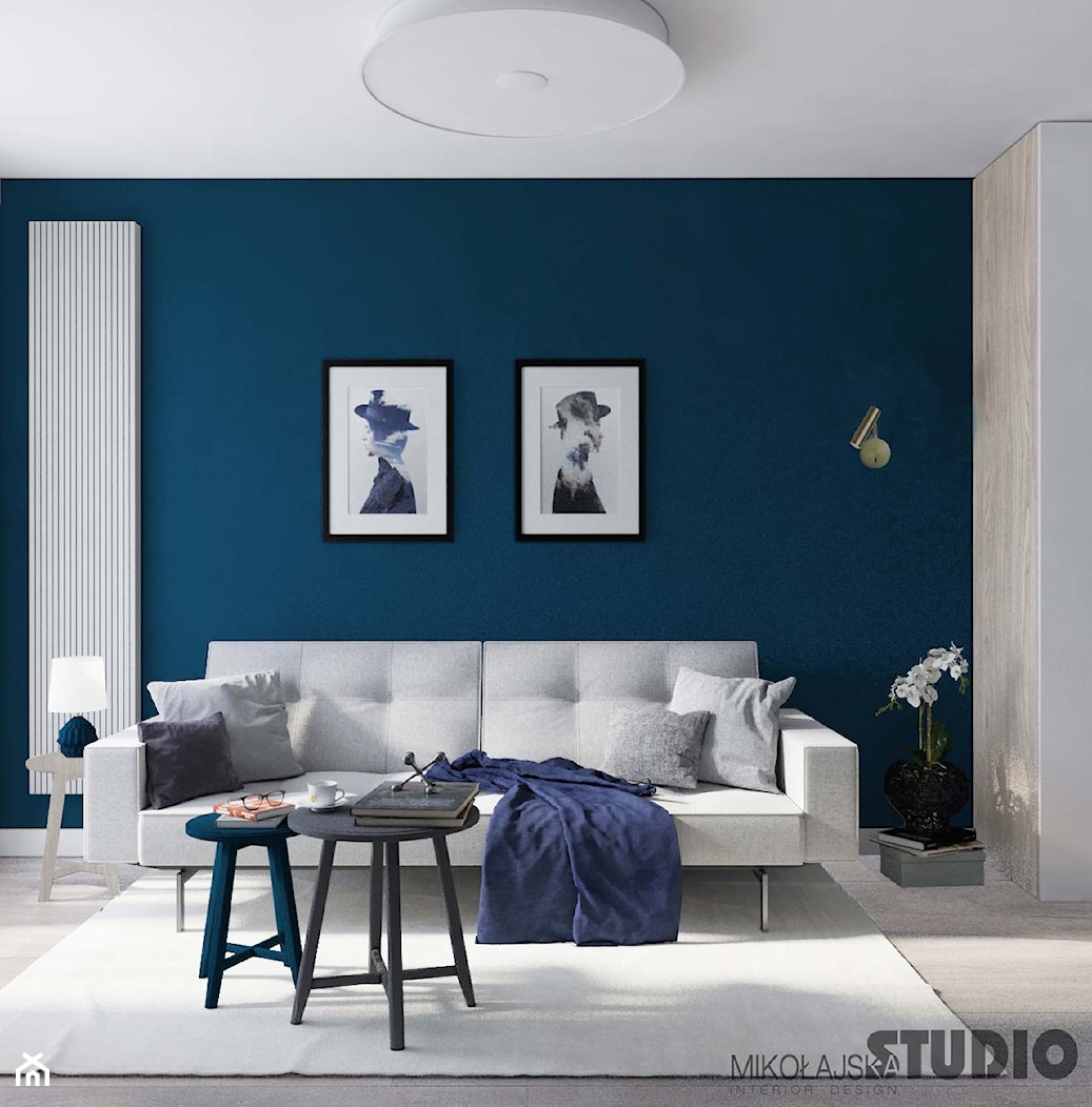 jasnoszary salon-niebieska ściana - zdjęcie od MIKOŁAJSKAstudio - Homebook