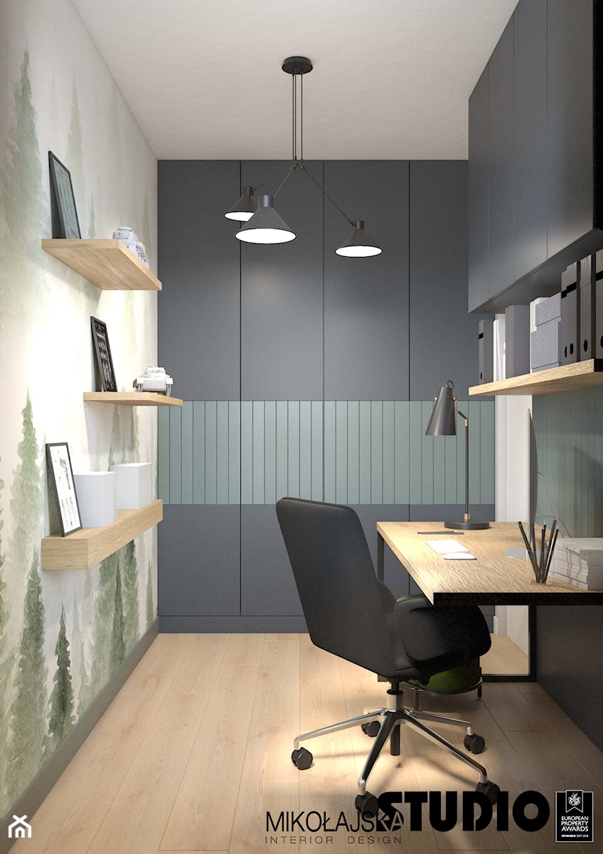 Z ODROBINĄ ZIELENI - Małe w osobnym pomieszczeniu białe szare zielone biuro, styl nowoczesny - zdjęcie od MIKOŁAJSKAstudio