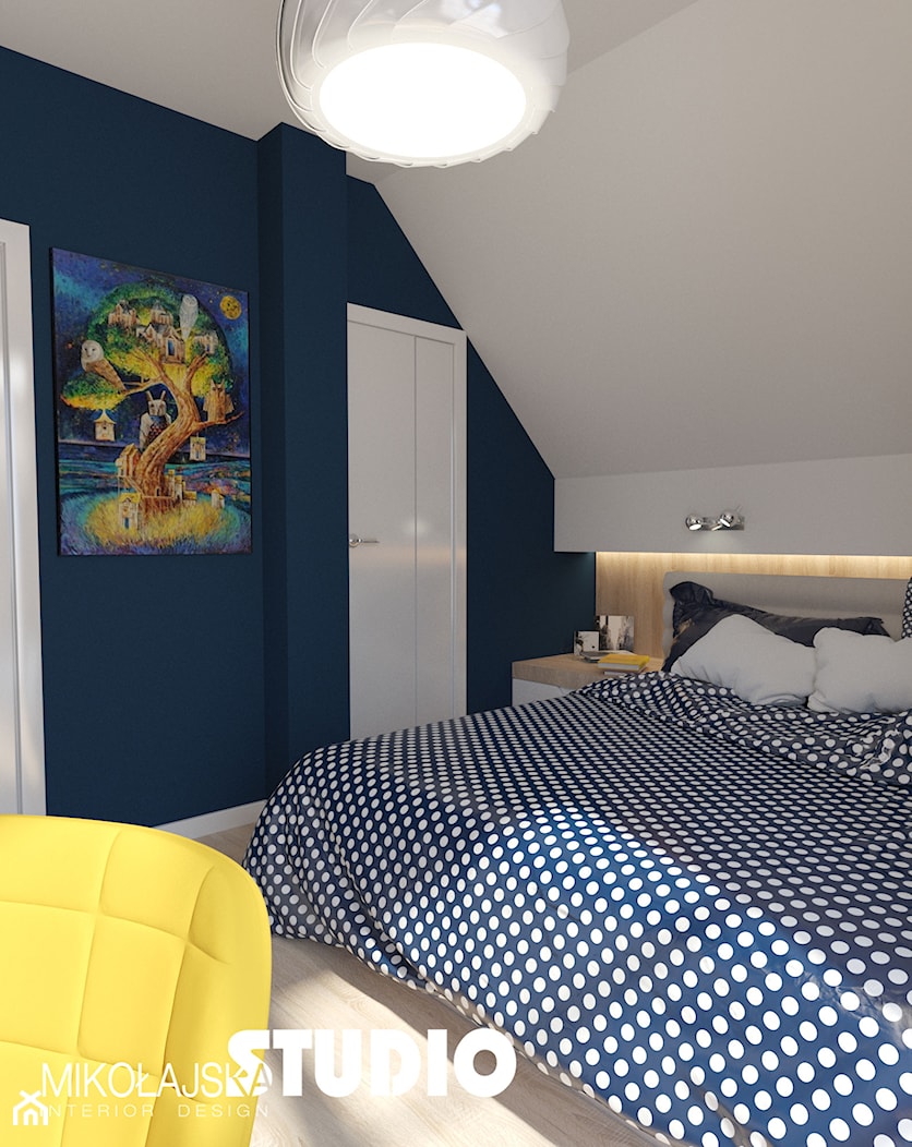 Sypialnia granatowo-żółta - zdjęcie od MIKOŁAJSKAstudio - Homebook