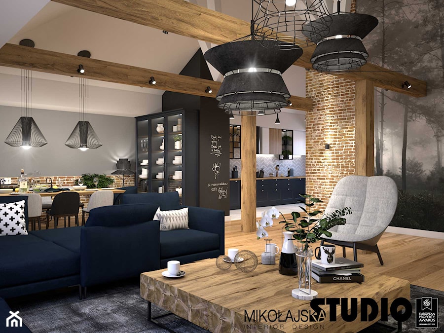 Apartament na strychu - Szary salon z kuchnią z jadalnią, styl industrialny - zdjęcie od MIKOŁAJSKAstudio