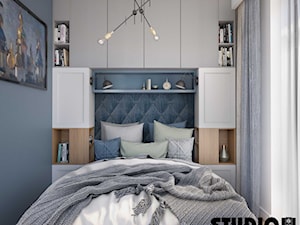 Kompaktowo w Warszawie - Mała niebieska sypialnia małżeńska, styl nowoczesny - zdjęcie od MIKOŁAJSKAstudio