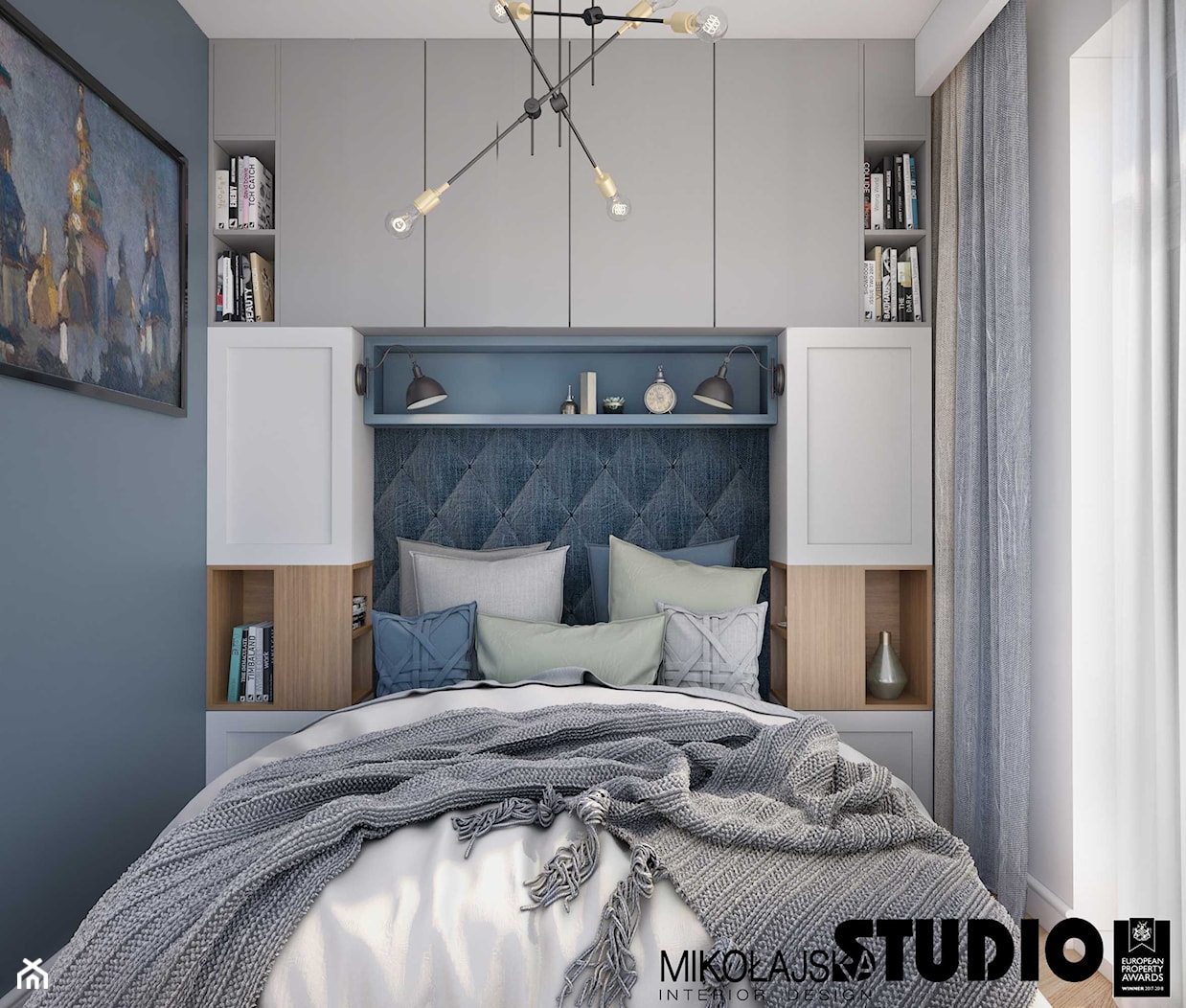 Kompaktowo w Warszawie - Mała niebieska sypialnia, styl nowoczesny - zdjęcie od MIKOŁAJSKAstudio - Homebook