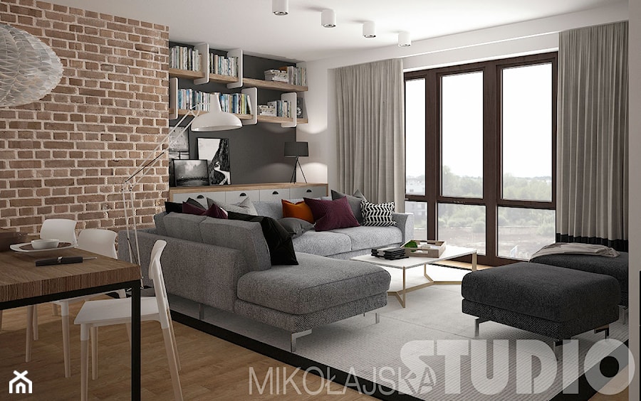 LOFT style - Mały biały salon z jadalnią, styl industrialny - zdjęcie od MIKOŁAJSKAstudio
