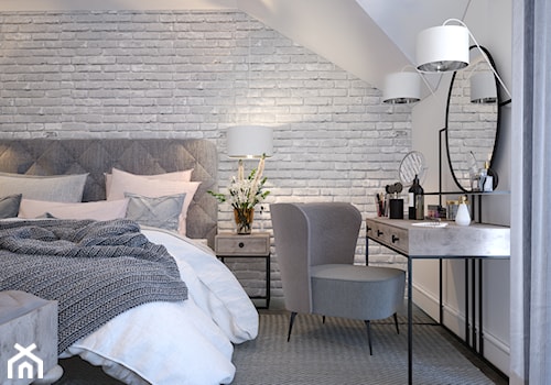 ZAKOCHANI W PRZESTRZENI - Średnia biała szara sypialnia na poddaszu, styl nowoczesny - zdjęcie od MIKOŁAJSKAstudio