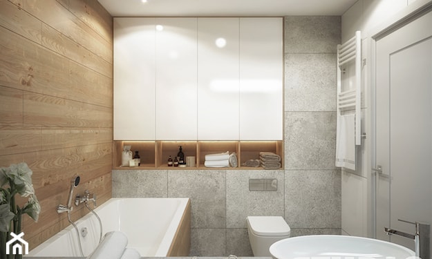 jasna łazienka z drewnem i betonem na ścianach