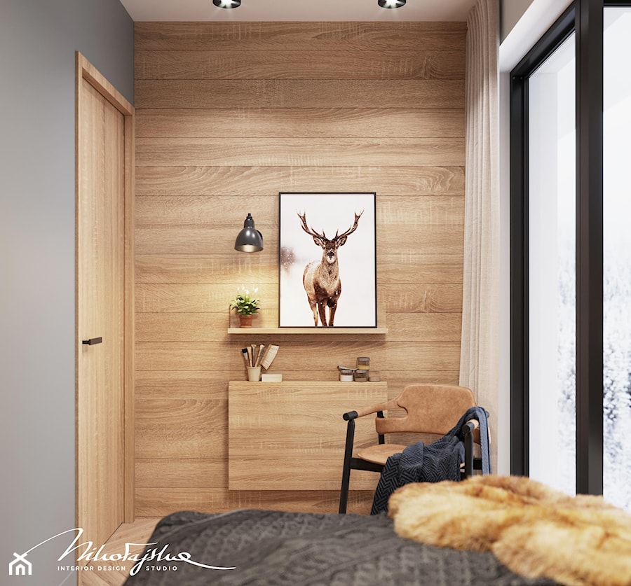Sypialnia w kolorach szarości z elementami drewna - zdjęcie od MIKOŁAJSKAstudio