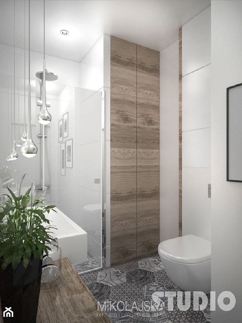 łazienka-jasna-biała-podłoga-wzorzysta-drewno-w-łazience-drewniany-blat-prysznic-płytki-heksagonalne - zdjęcie od MIKOŁAJSKAstudio - Homebook
