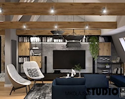 Apartament na strychu - Średni biały szary salon z bibiloteczką, styl industrialny - zdjęcie od MIKOŁAJSKAstudio - Homebook