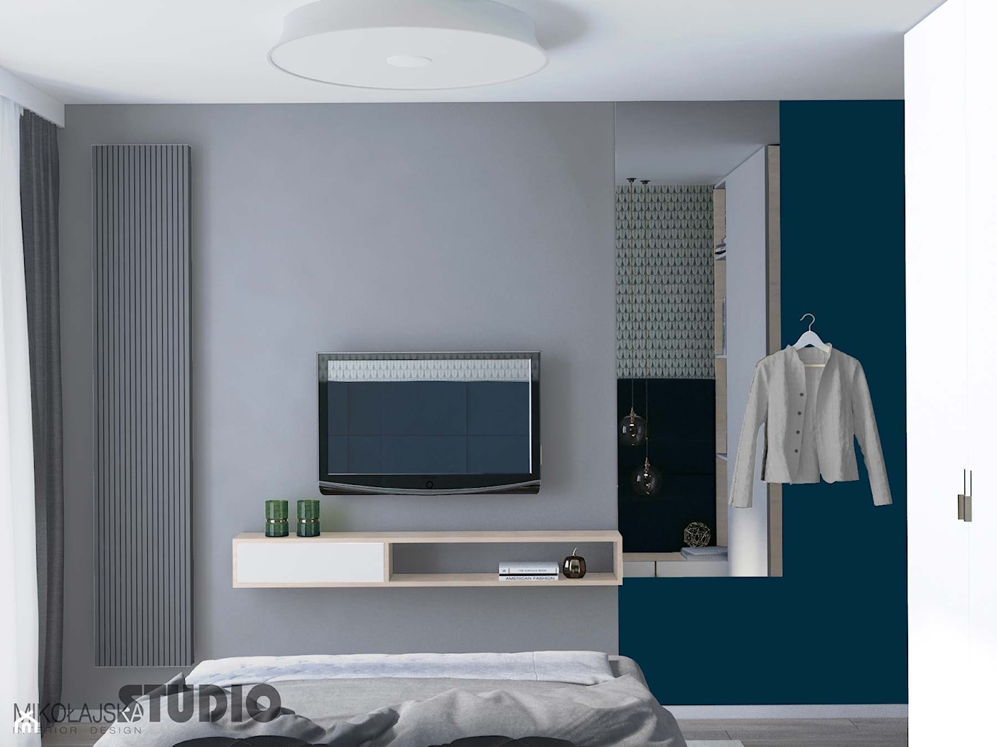 jasna sypialnia-niebieska ściana - zdjęcie od MIKOŁAJSKAstudio - Homebook