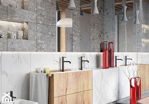 połączenie marmuru drewna i betonu w nowoczesnej łazience - zdjęcie od MIKOŁAJSKAstudio
